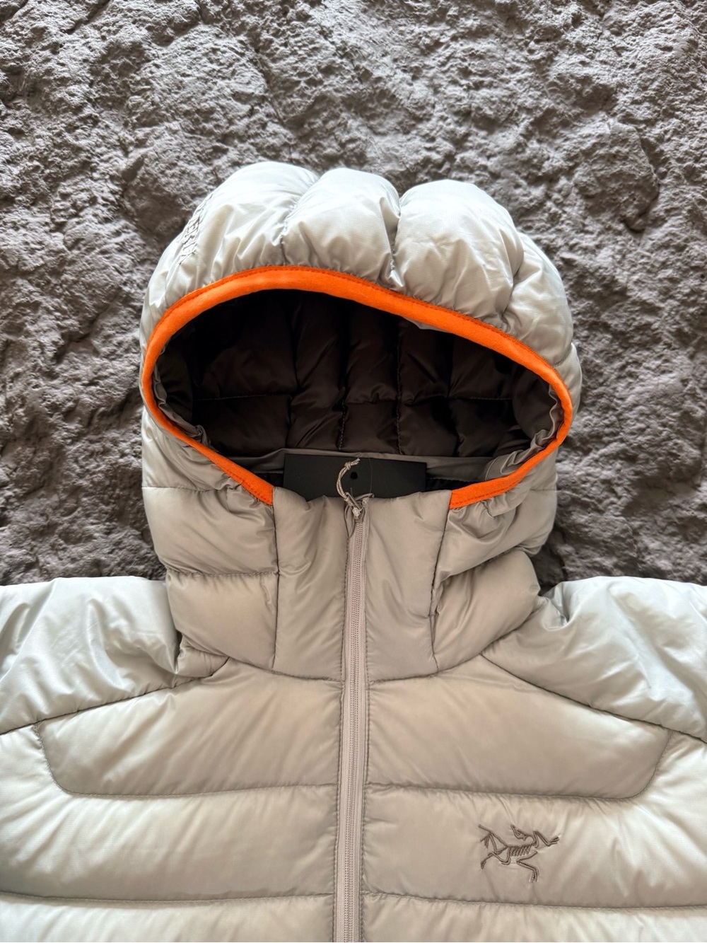 Arc'teryx Light Gray Hooded Down Puffer with Orange Trim - Picture 4 of 9